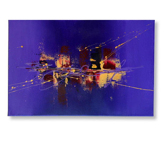 Abstraktes Acrylbild mit dynamischer Komposition in Violett und Gold