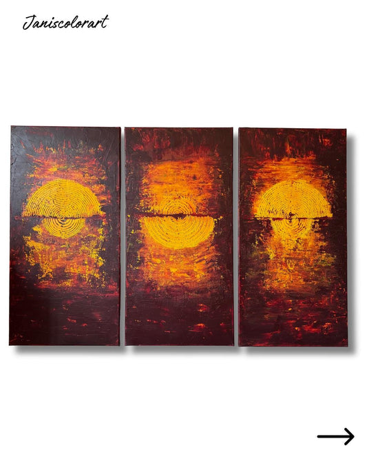 XXL Abstraktes Triptychon 3-teilig. Strukturbild in Rot, Gelb und Beere. Modernes Acrylgemälde für Wohnzimmer.