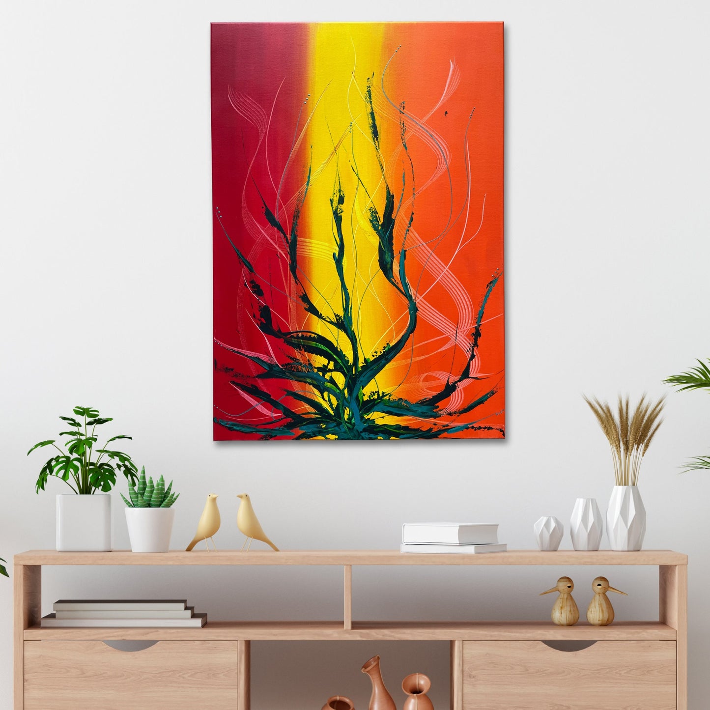 Großformatiges Acrylbild mit expressiven Pinselstrichen in Rot und Orange