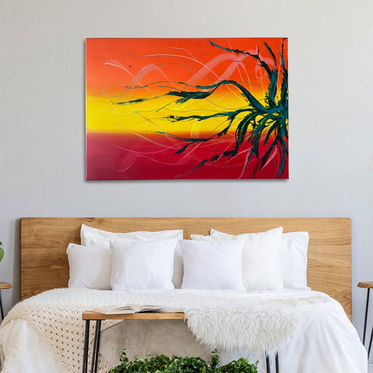 Abstraktes XXL Acrylgemälde in Rot, Orange, Gelb und Grün mit dynamischer Komposition