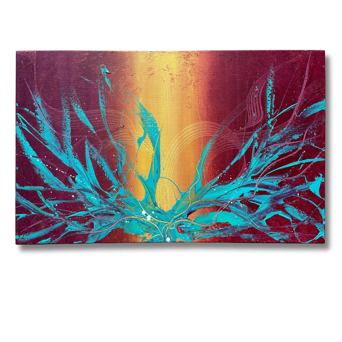 Großformatiges Acrylbild mit kräftiger Farbkomposition in Beere und Türkis