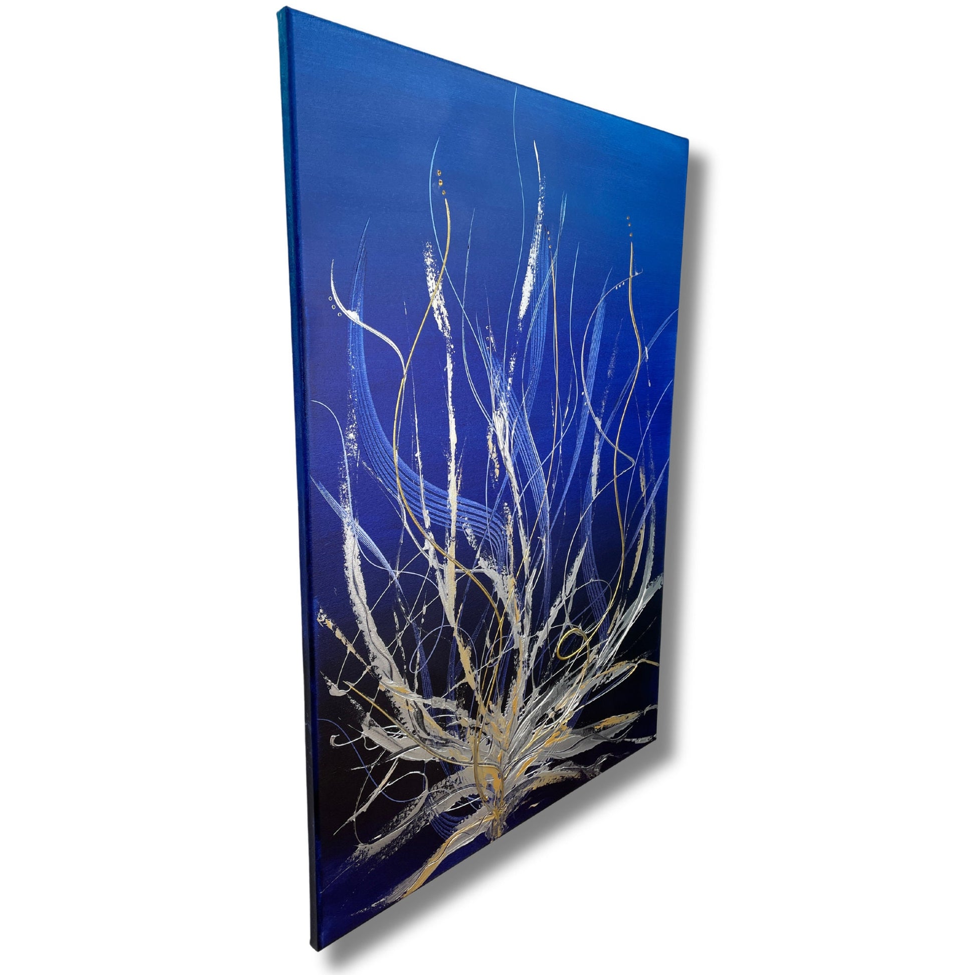 Original Acrylgemälde kaufen - Handgemaltes Original in Blau und Silber. Perfekt als Wanddeko.