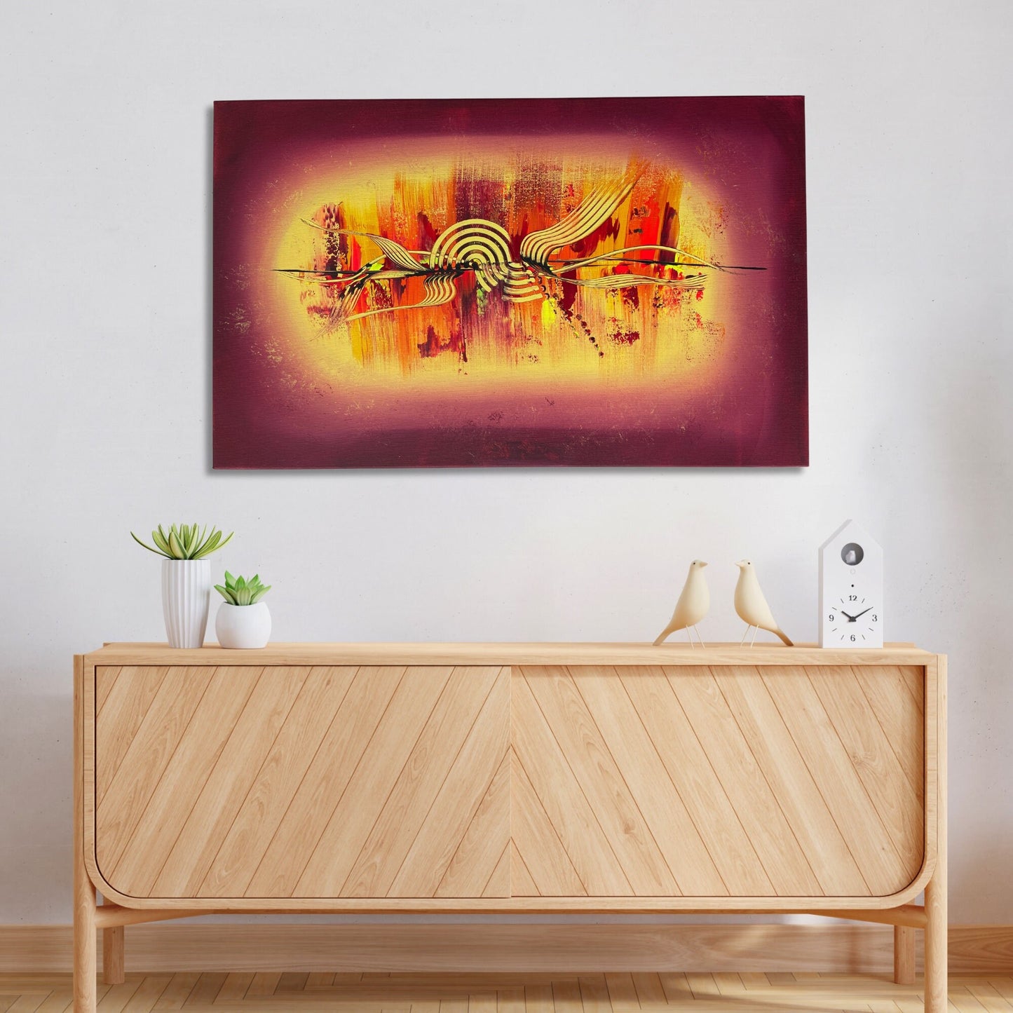 Abstraktes Acrylgemälde mit Vignetten-Effekt in warmen Farben (Rot, Gelb, Orange)