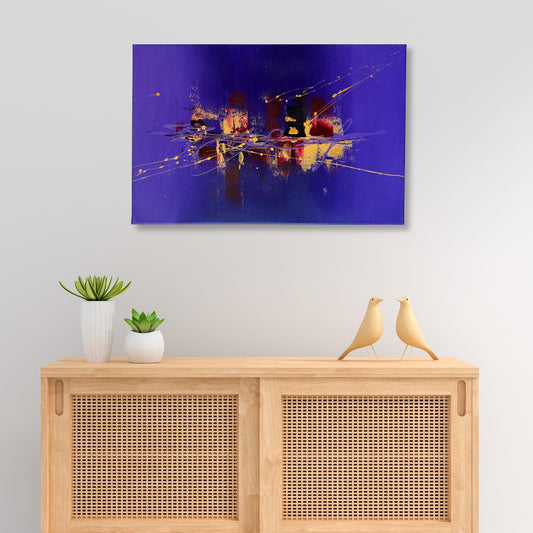 Handgemaltes Acrylbild in intensivem Violett mit eleganten Gold- und Rot-Akzenten