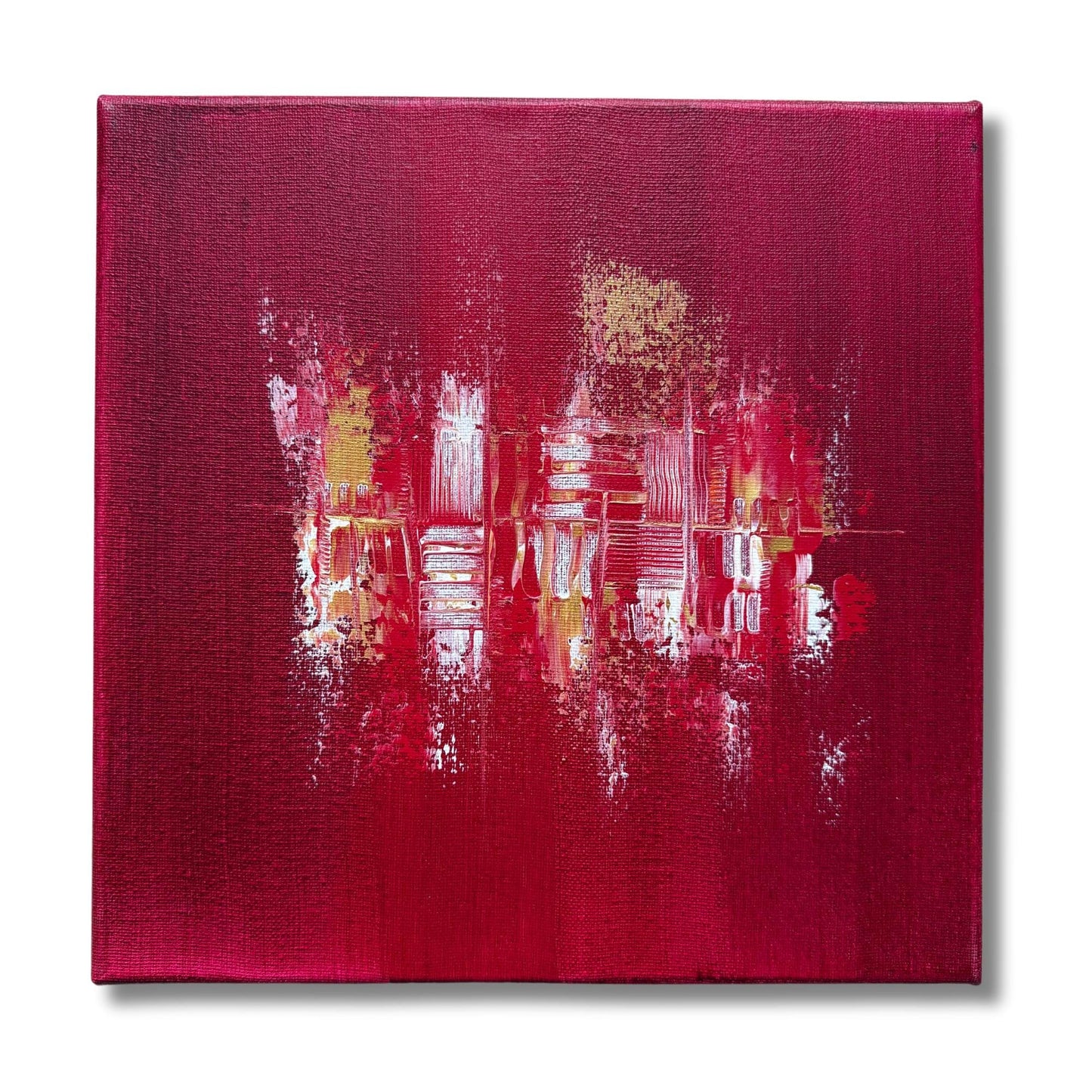 Abstraktes Acrylbild Quadratisch. Tiefe Rot-Struktur mit eleganten Gold- und Weiß-Akzenten. Modernes abstraktes Unikat.