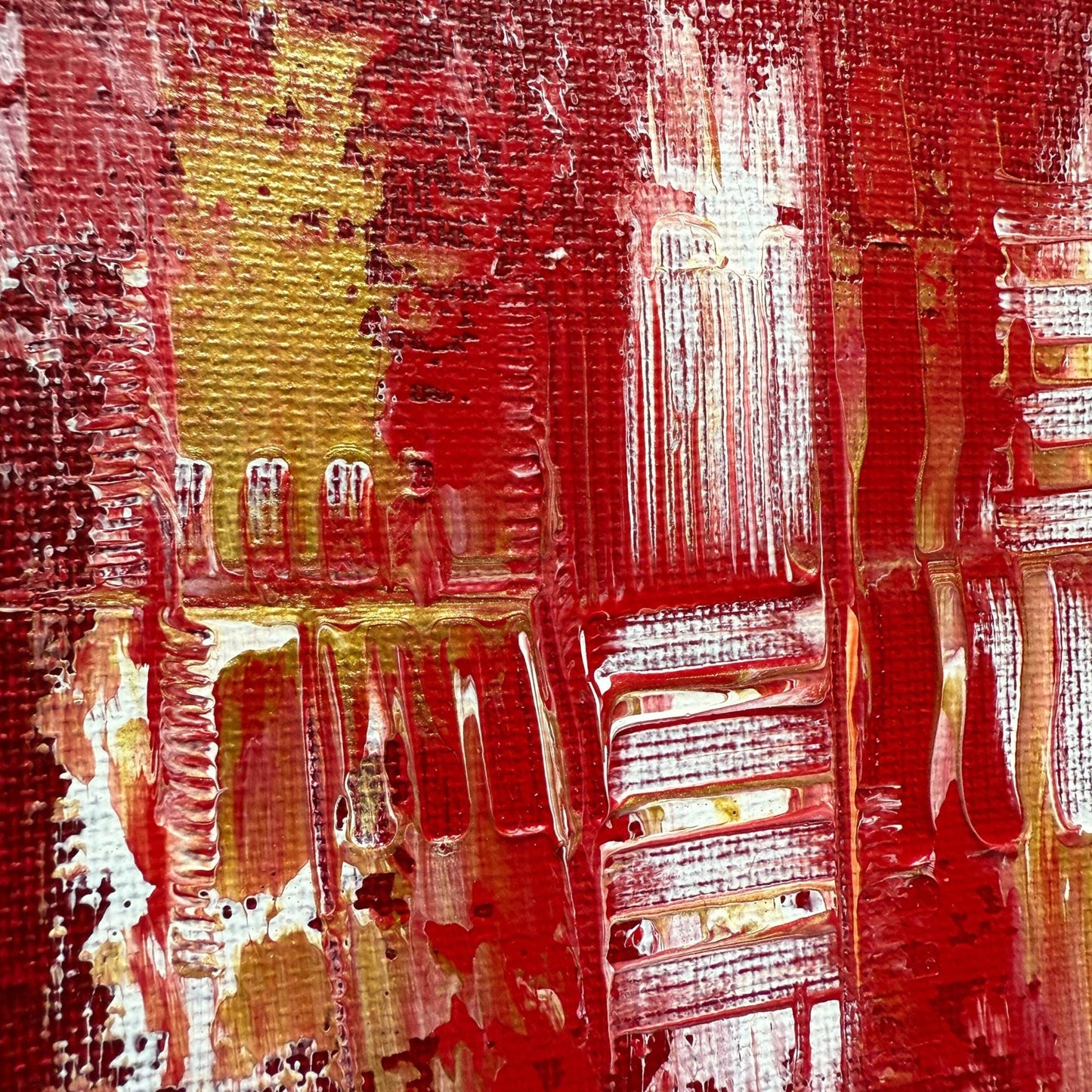 Schönes Acrylbild Quadratisch. Tiefe Rot-Struktur mit eleganten Gold- und Weiß-Akzenten. Modernes abstraktes Unikat.