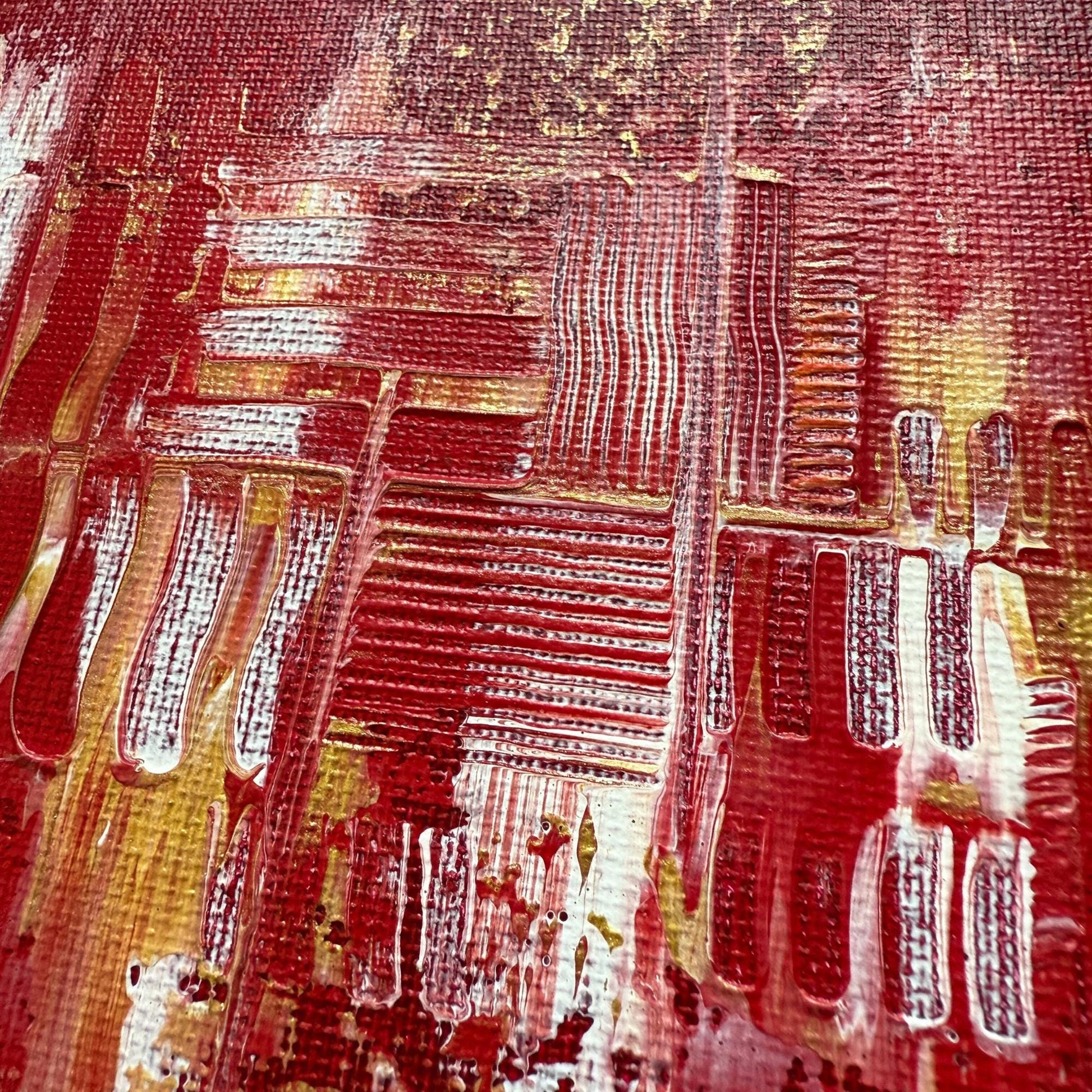 Schönes Acrylbild Quadratisch. Tiefe Rot-Struktur mit eleganten Gold- und Weiß-Akzenten. Modernes abstraktes Unikat.