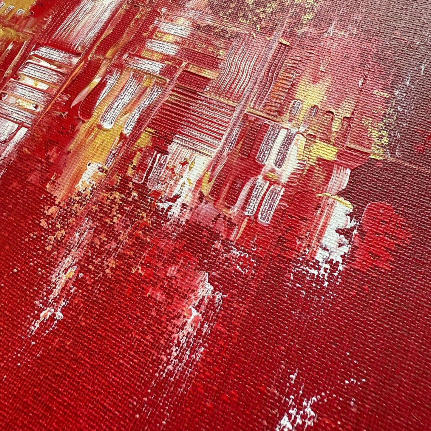 Schönes Acrylbild Quadratisch. Tiefe Rot-Struktur mit eleganten Gold- und Weiß-Akzenten. Modernes abstraktes Original.