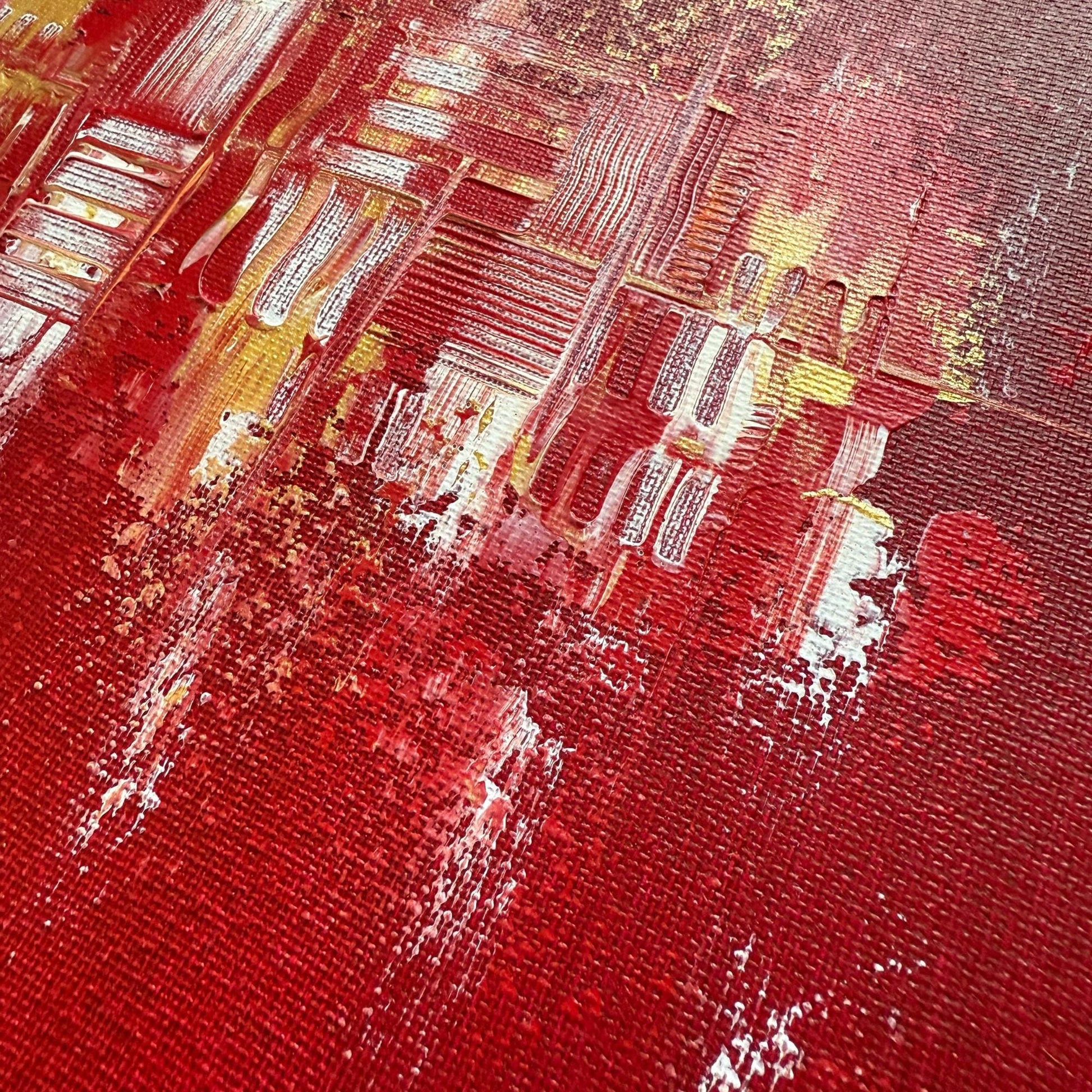 Schönes Acrylbild Quadratisch. Tiefe Rot-Struktur mit eleganten Gold- und Weiß-Akzenten. Modernes abstraktes Original.