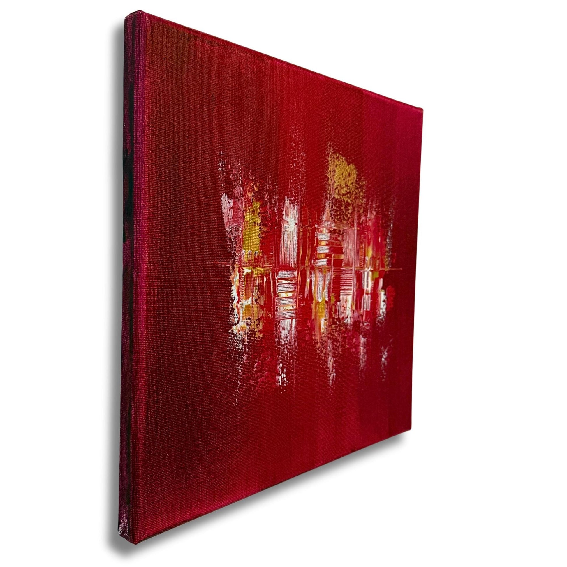 Schönes Acrylbild Quadratisch. Tiefe Rot-Struktur mit eleganten Gold- und Weiß-Akzenten. Modernes abstraktes Unikat.