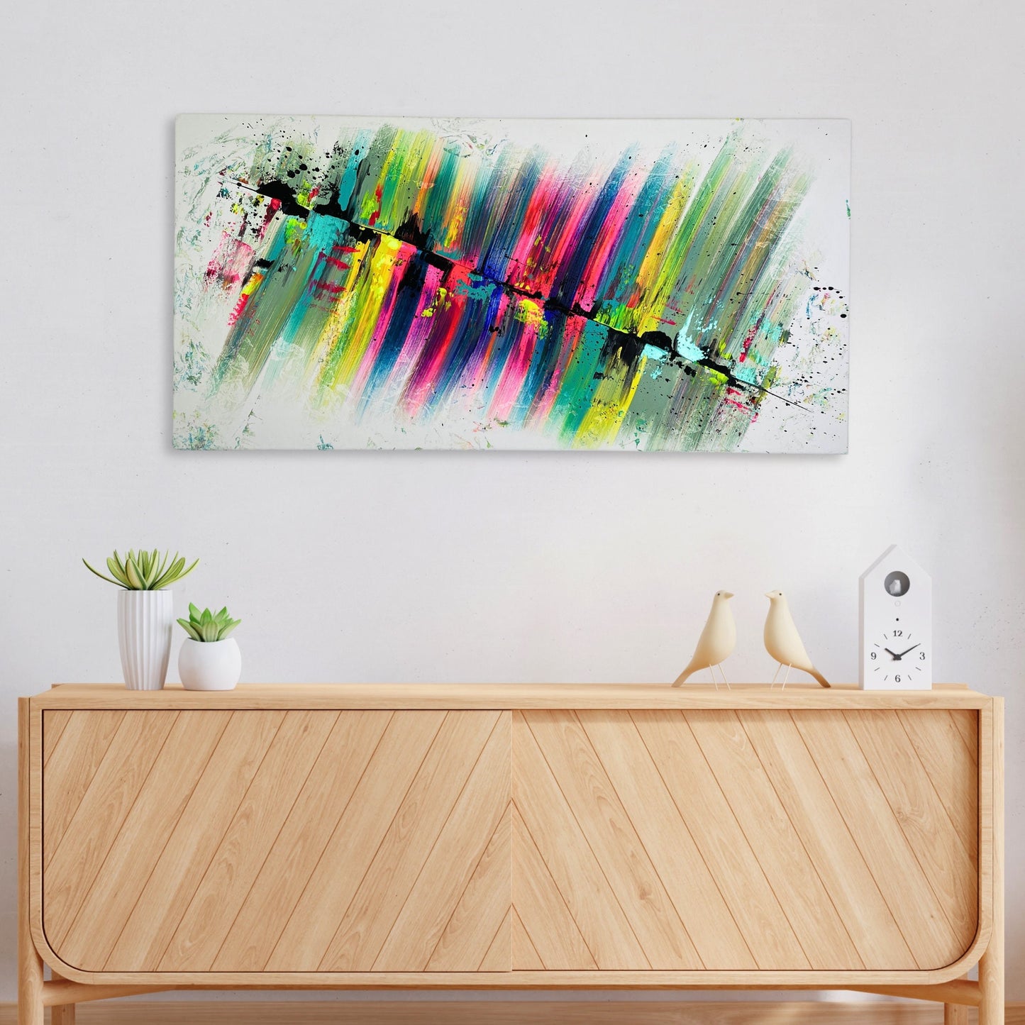 bstraktes Acrylgemälde mit dynamischen diagonalen Linien in leuchtenden Neon-Farben, 50x100cm