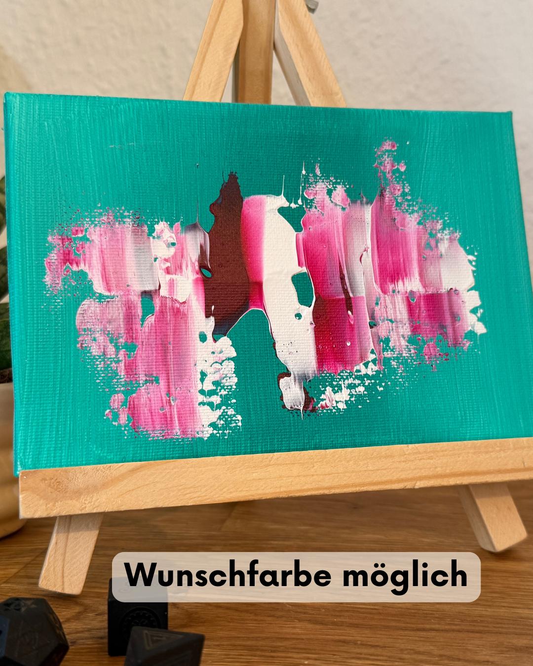 moderne kunst online kaufen: Mini Leinwand inclusive Staffelei in Türkis, Beere und Weiß.